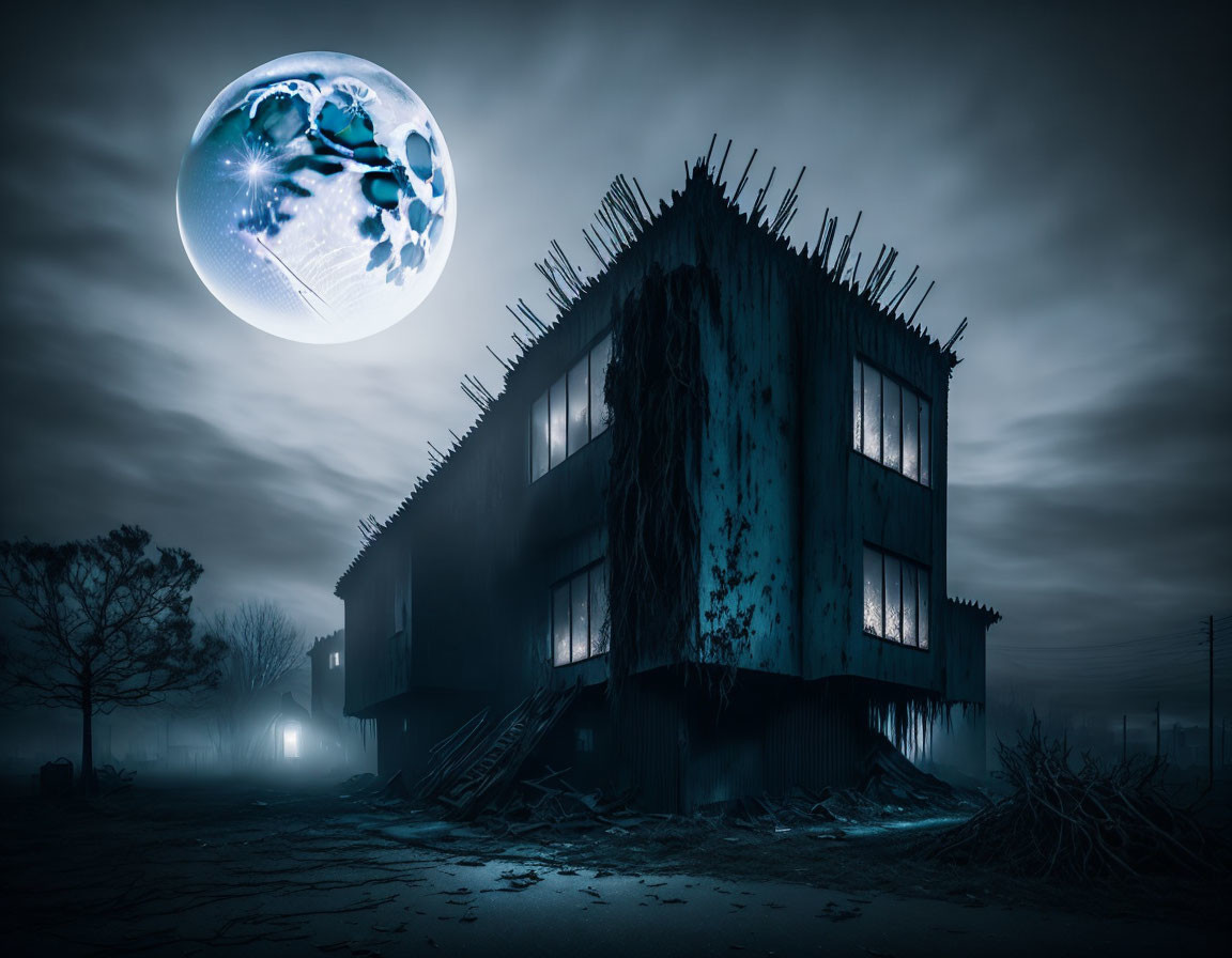 Abandoned building under moonlit sky with oversized glowing blue moon