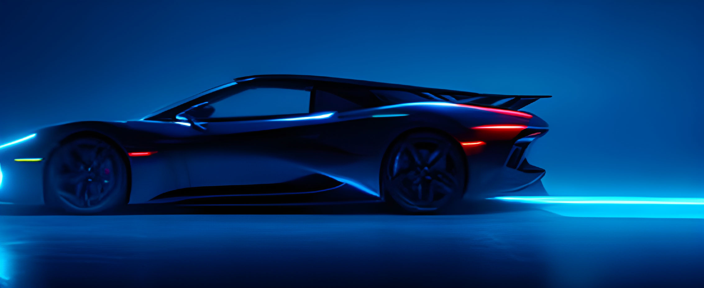 Aerodynamic sports car with neon underglow on dark blue background