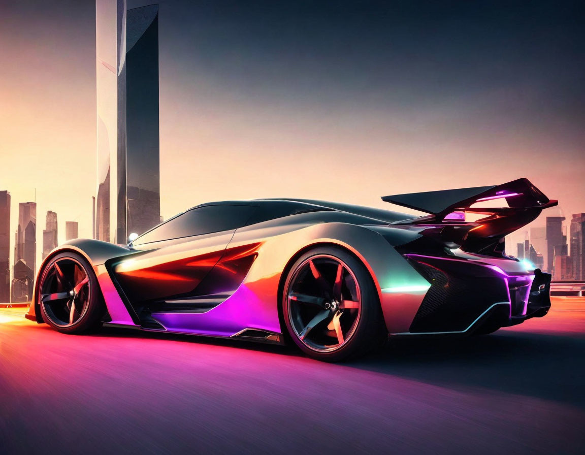 Futuristic sports car with rear wing in front of modern cityscape