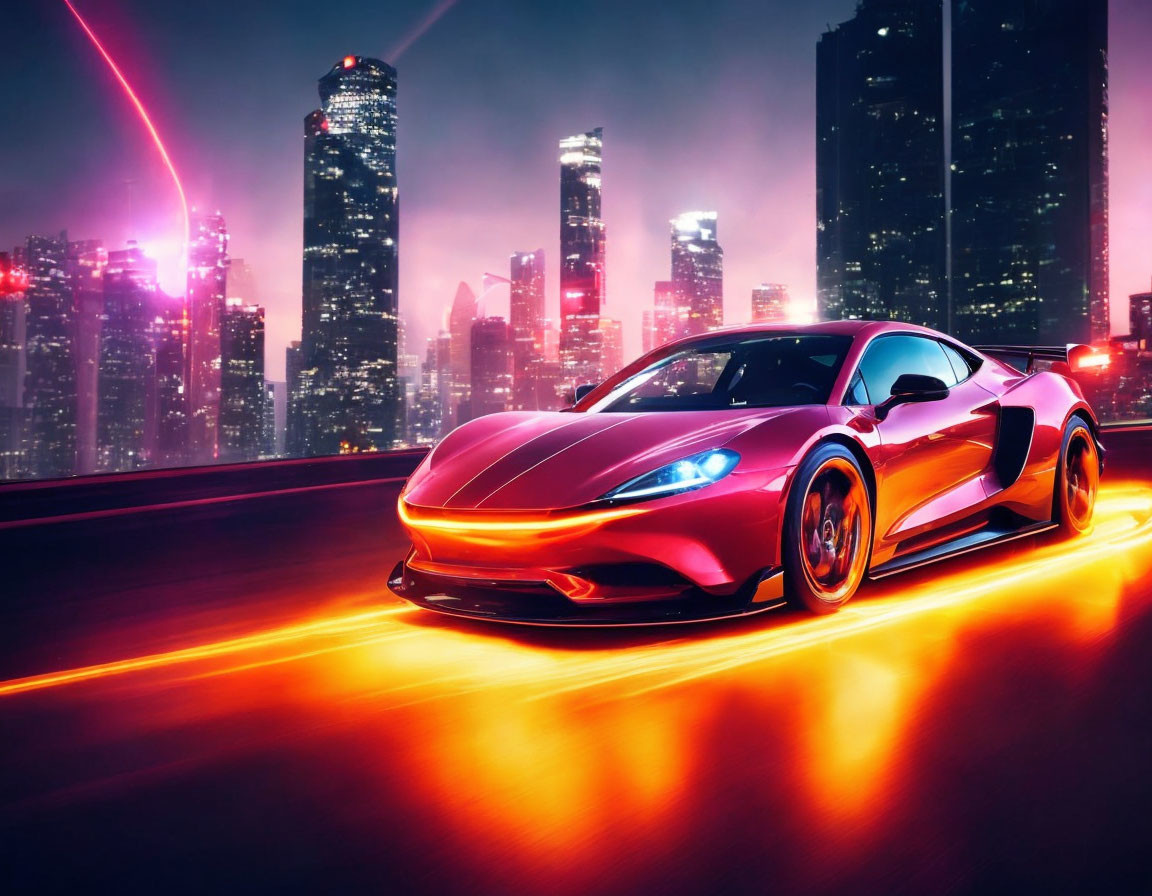 Red sports car speeds through neon-lit city street at night