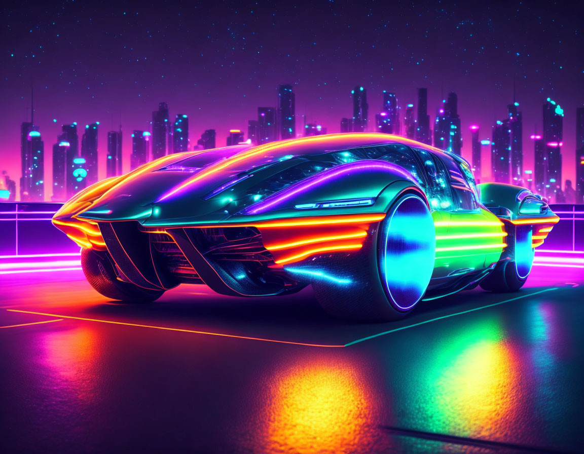 Sleek futuristic car on neon-lit cityscape backdrop