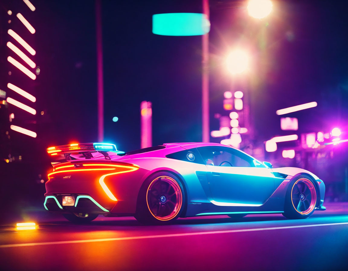 Vibrant sports car with neon lights driving through city streets at night