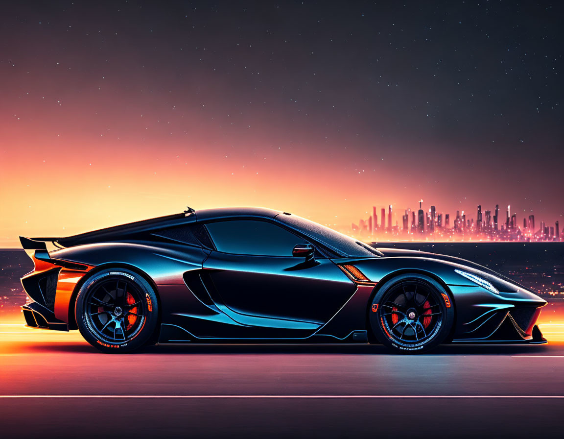 Black Sports Car with Red Accents Against City Skyline at Twilight