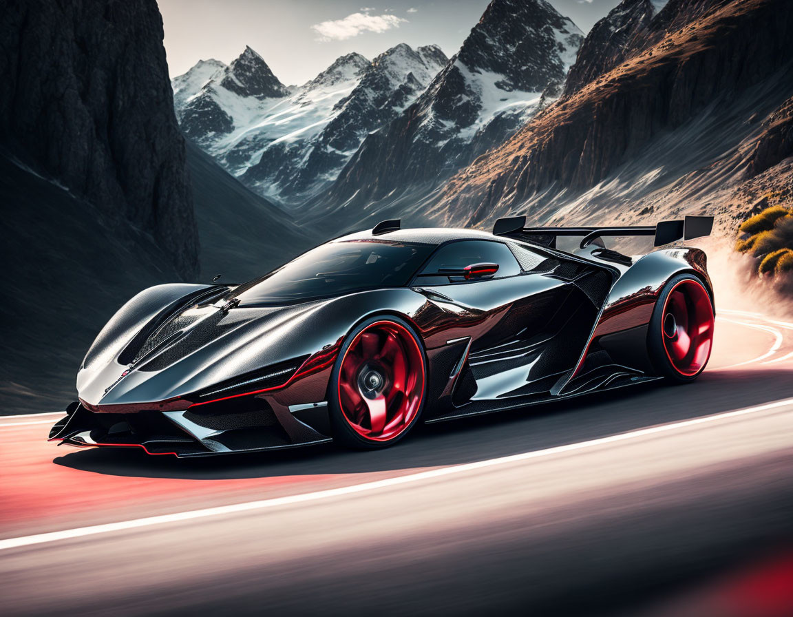 Black Sports Car Speeding on Mountain Road with Snow-Capped Peaks