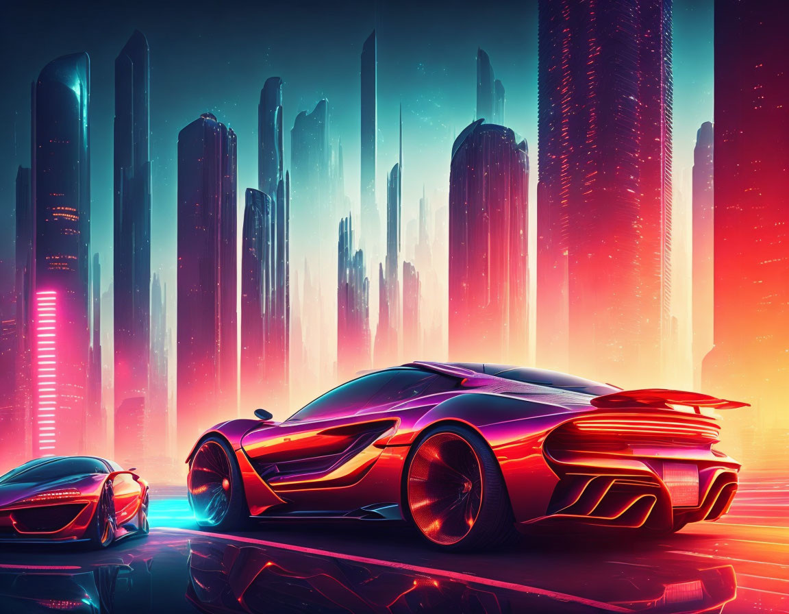 Neon-lit skyscrapers in futuristic cityscape with high-tech cars