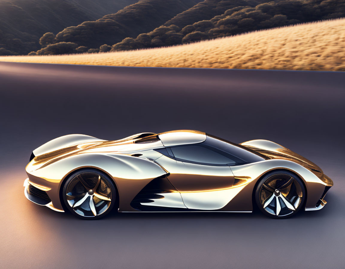 Sleek metallic luxury sports car speeding on road with blurred scenery, hills, and purple sky