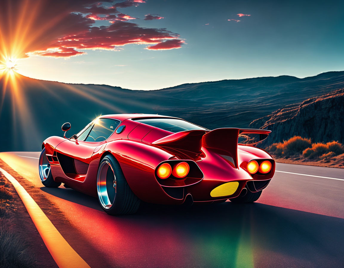 Red sports car driving on mountain road at sunset with warm sunlight hues