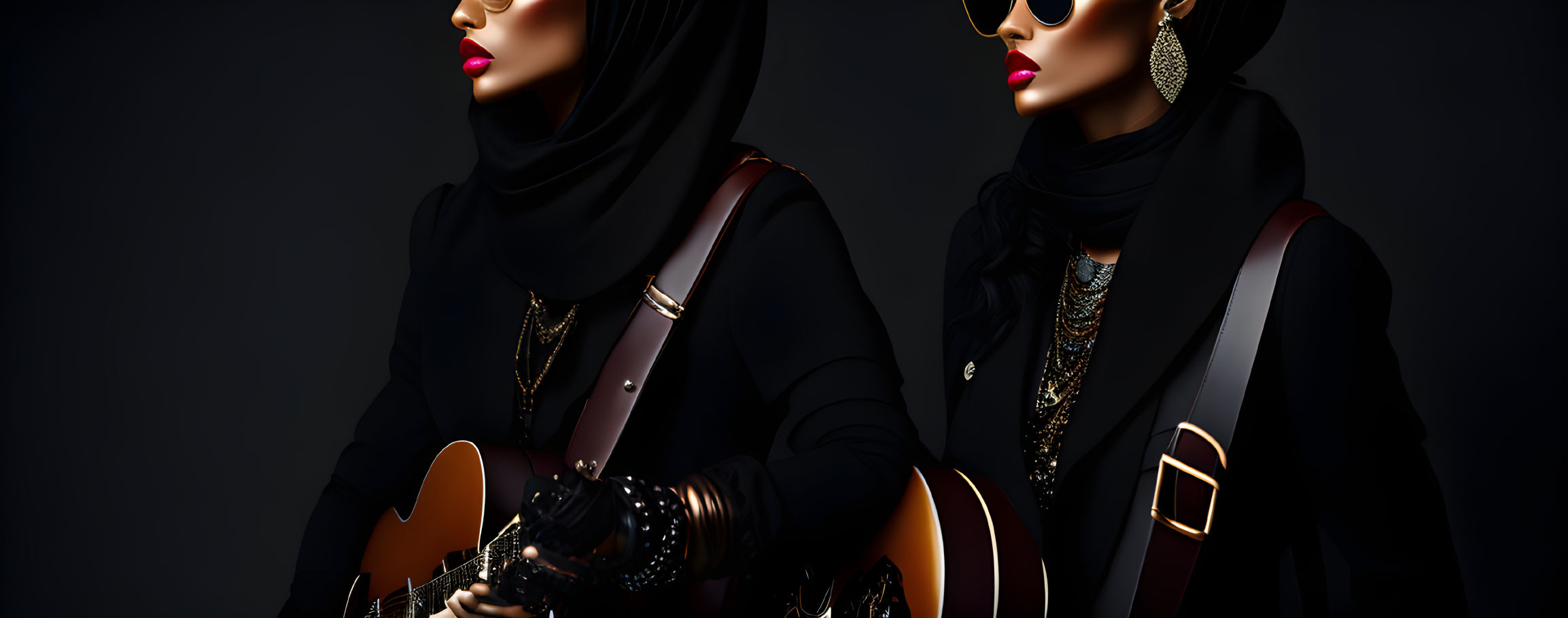 Two Women in Hijabs with Acoustic Guitar and Gold Jewelry in Dramatic Pose