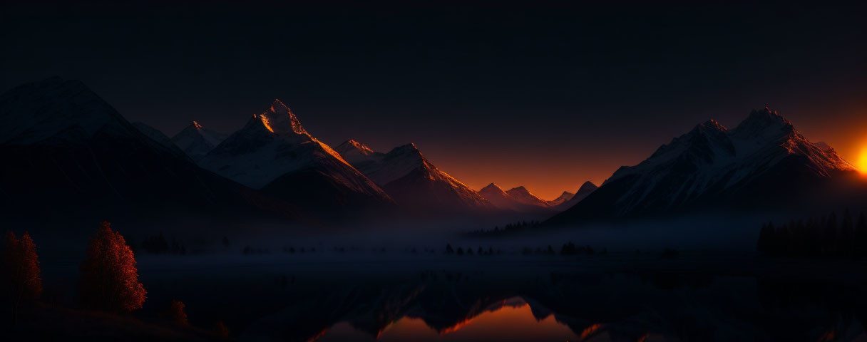 Twilight landscape with snow-capped mountains, glowing horizon, misty waters, reflective lake, sil