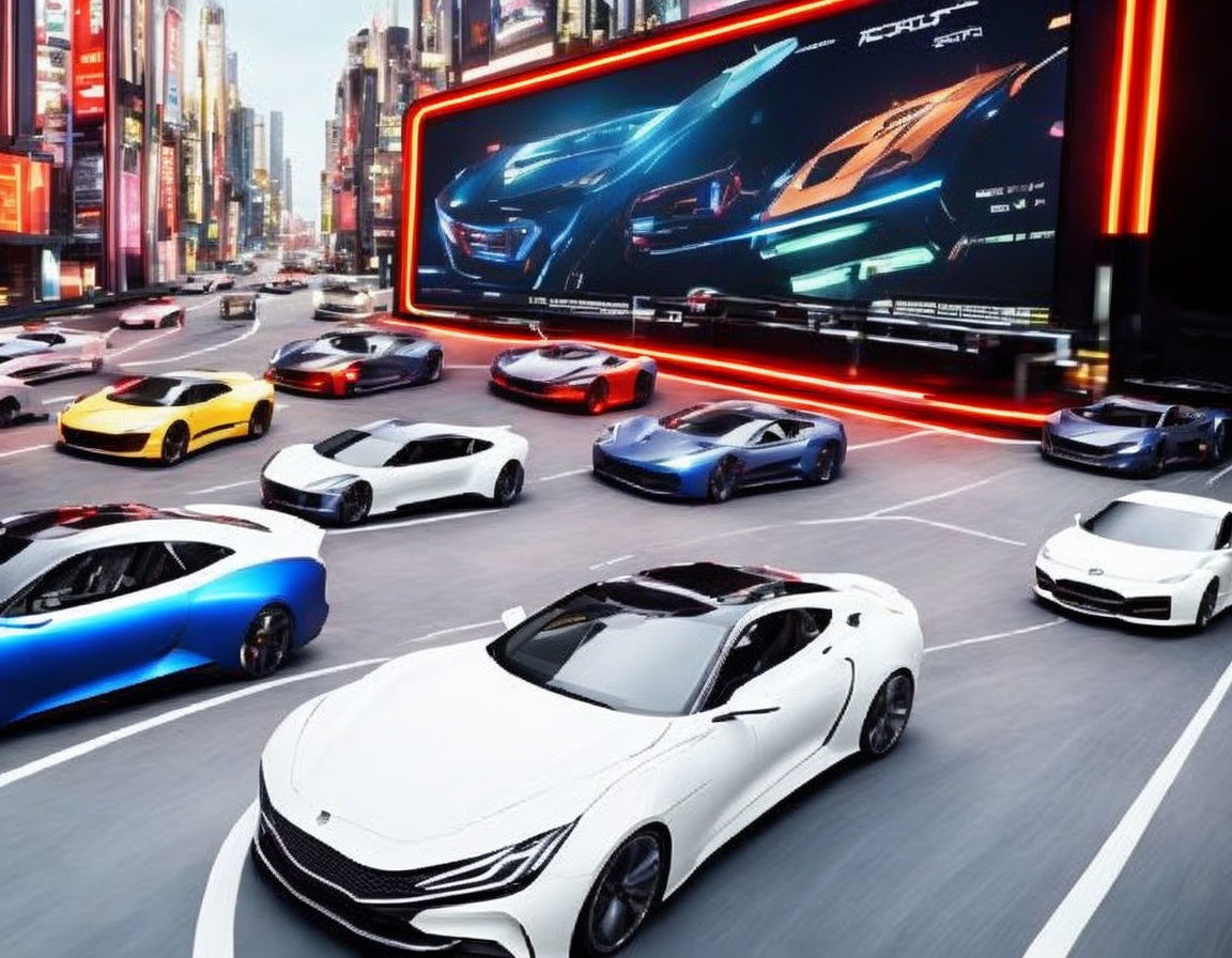 Futuristic cars on city street with digital billboard advertisement