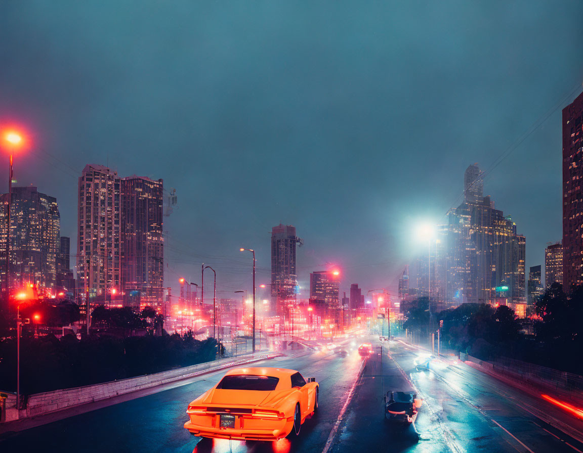 Cityscape at Night: Vibrant Lights, Skyscrapers, and Classic Yellow Car