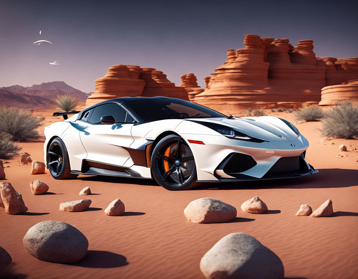 White Sports Car with Black Accents in Desert Landscape with Orange Brake Calipers