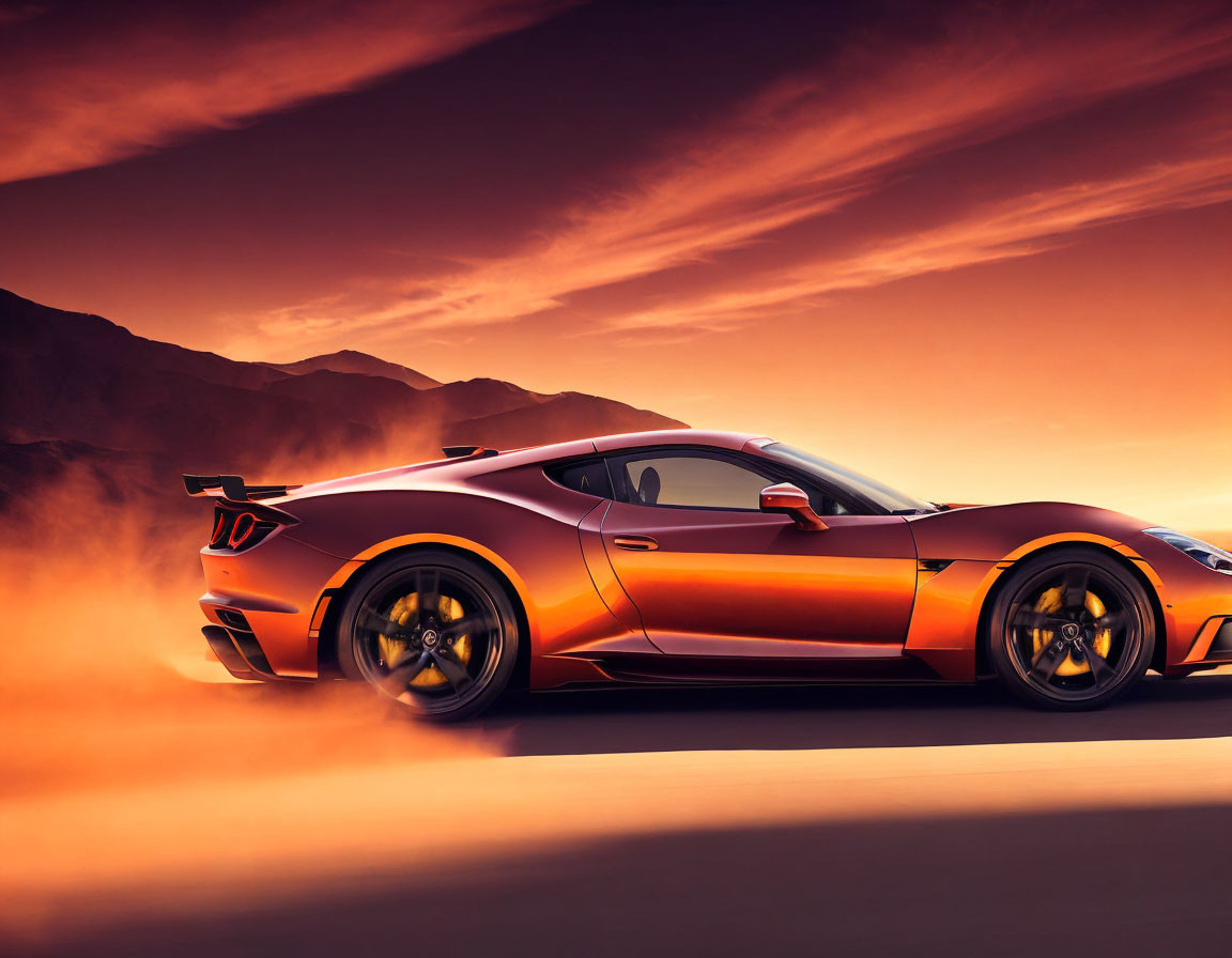 Dynamic orange sports car speeds through desert at sunset