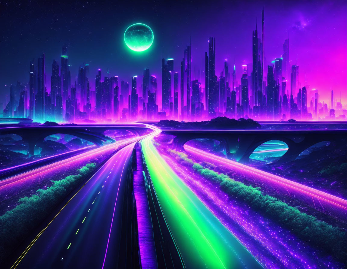 Neon-lit futuristic cityscape with glowing skyscrapers and green moon