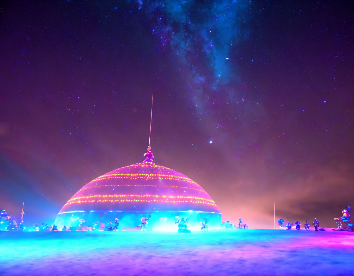 Vibrant night scene with glowing dome structure under starry sky