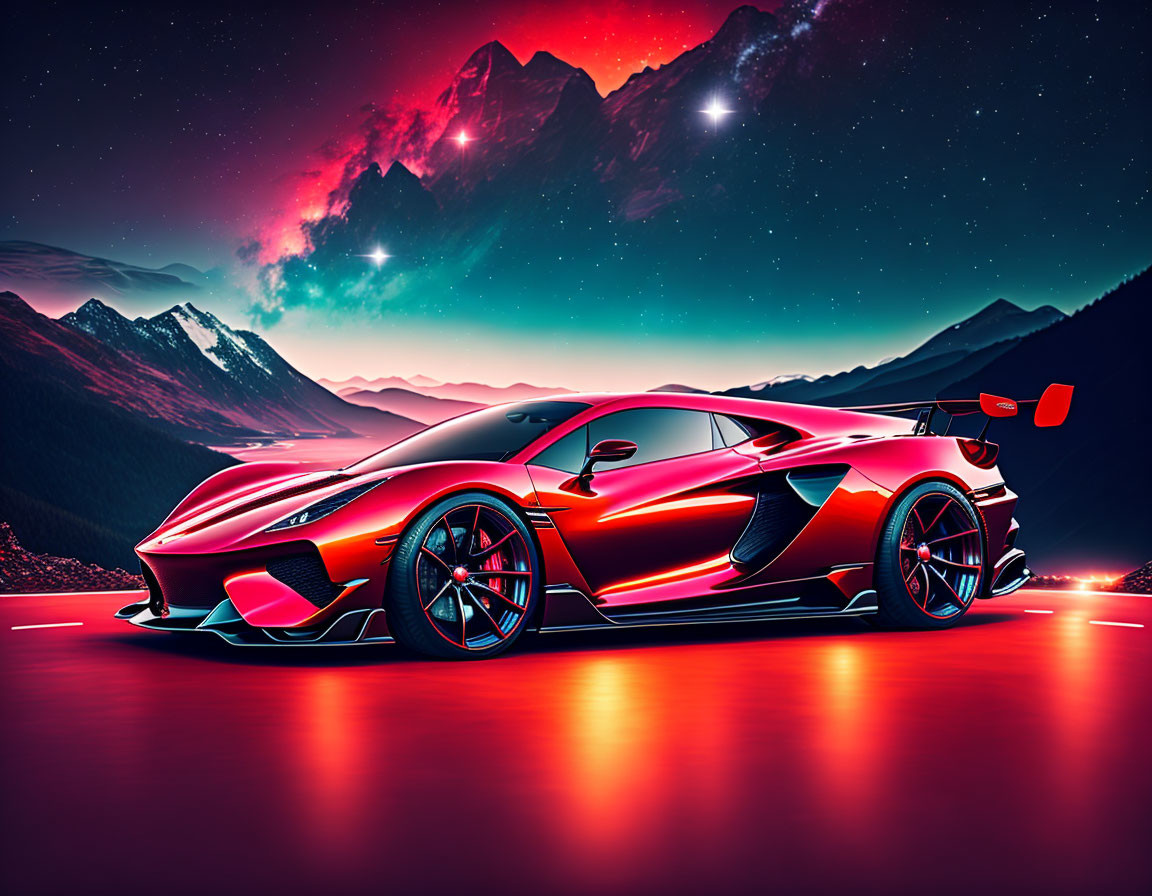 Red sports car on neon-lit road with mountains under pink sky