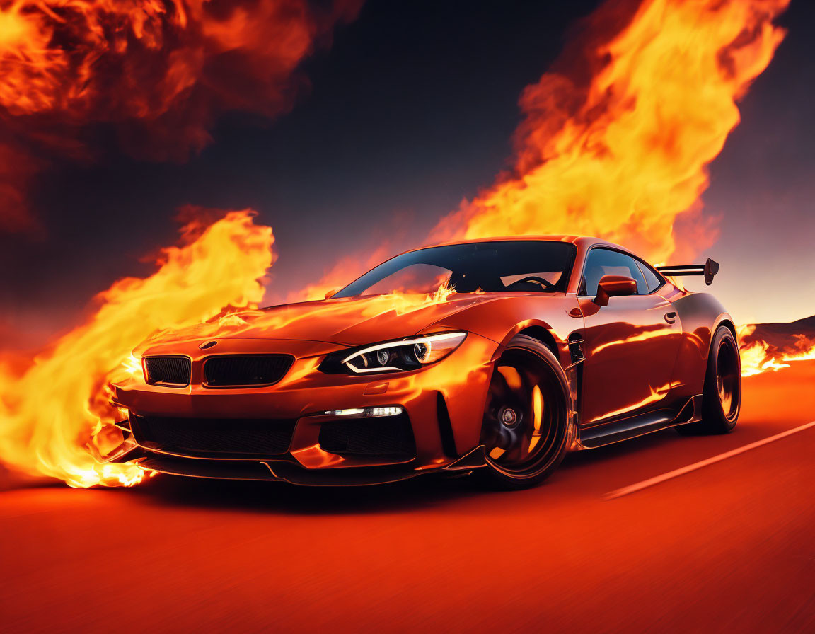 Red sports car racing with flames in the background