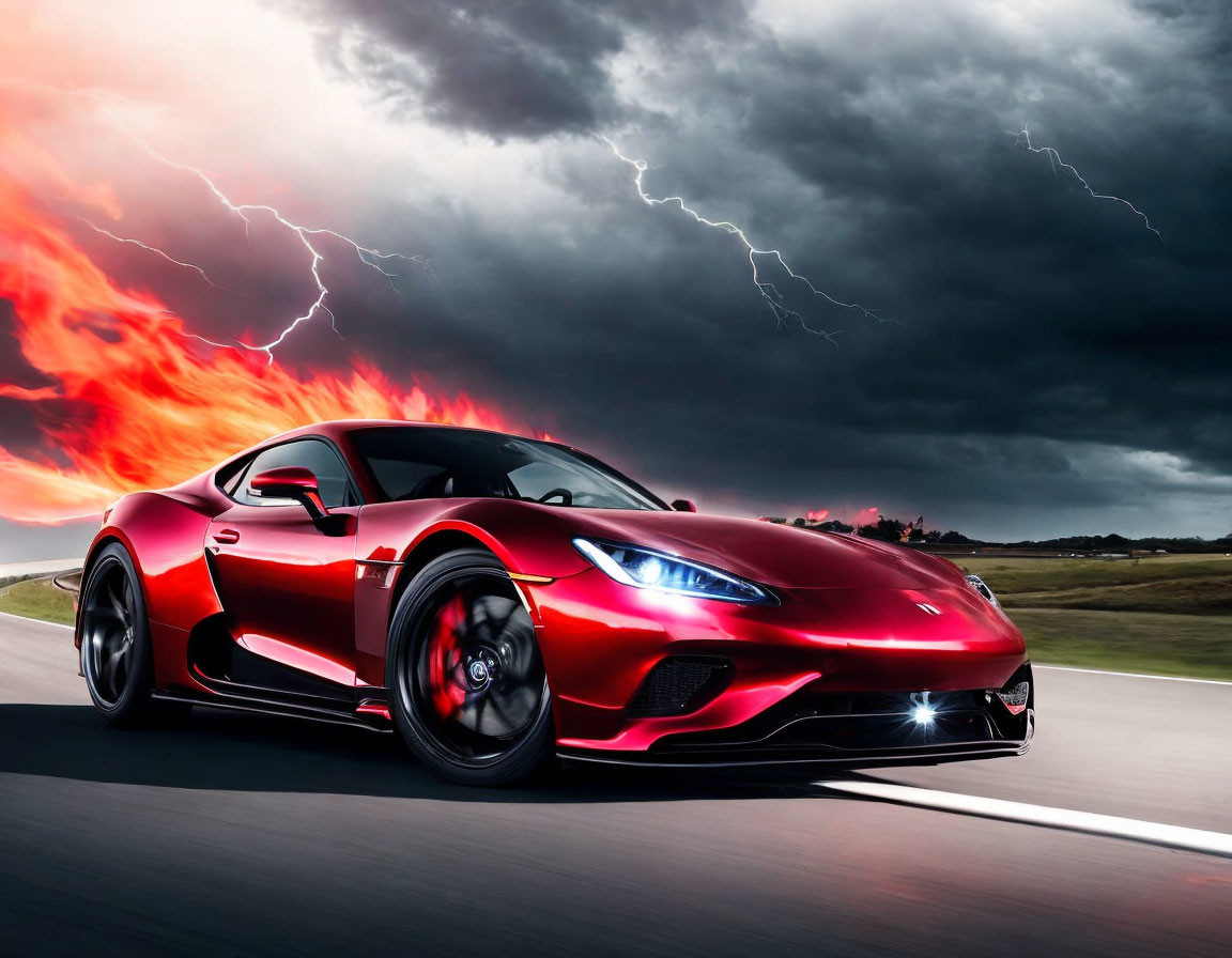 Red sports car racing under fiery sky with lightning