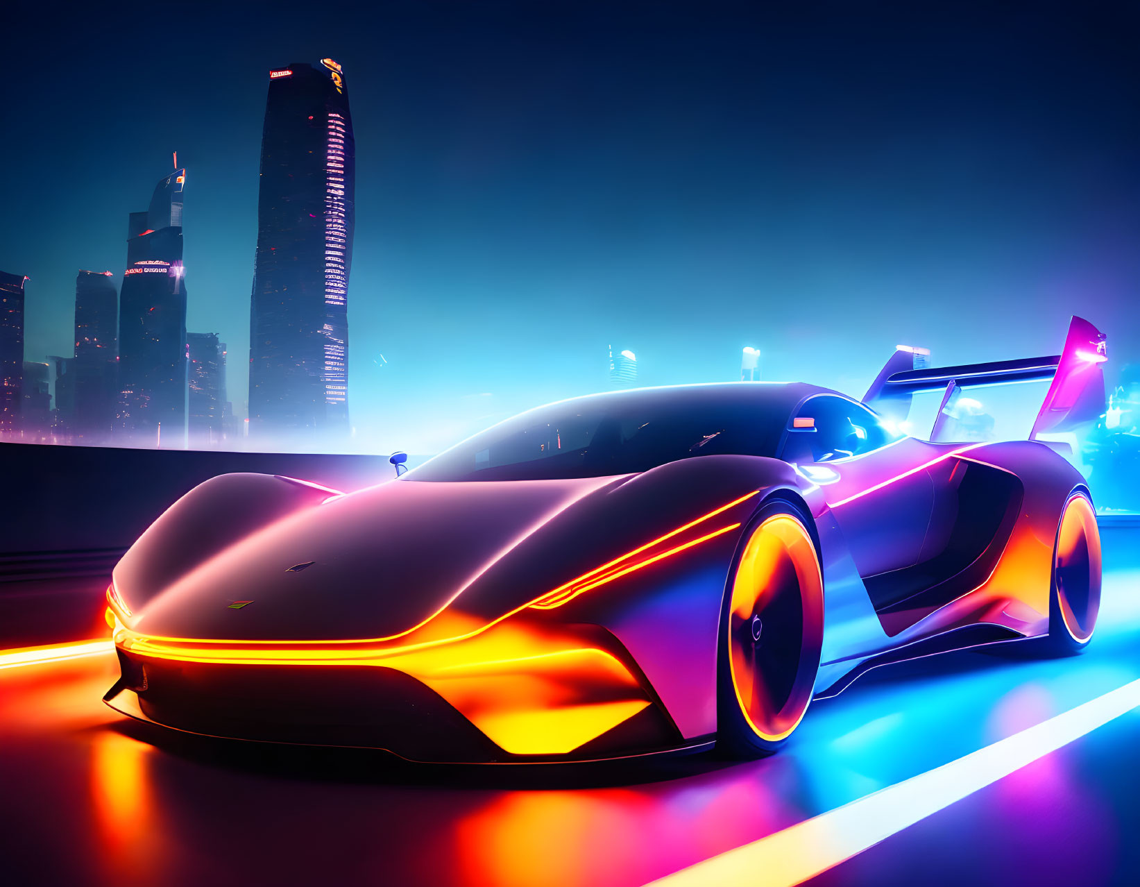 Futuristic car with neon highlights on city road at twilight