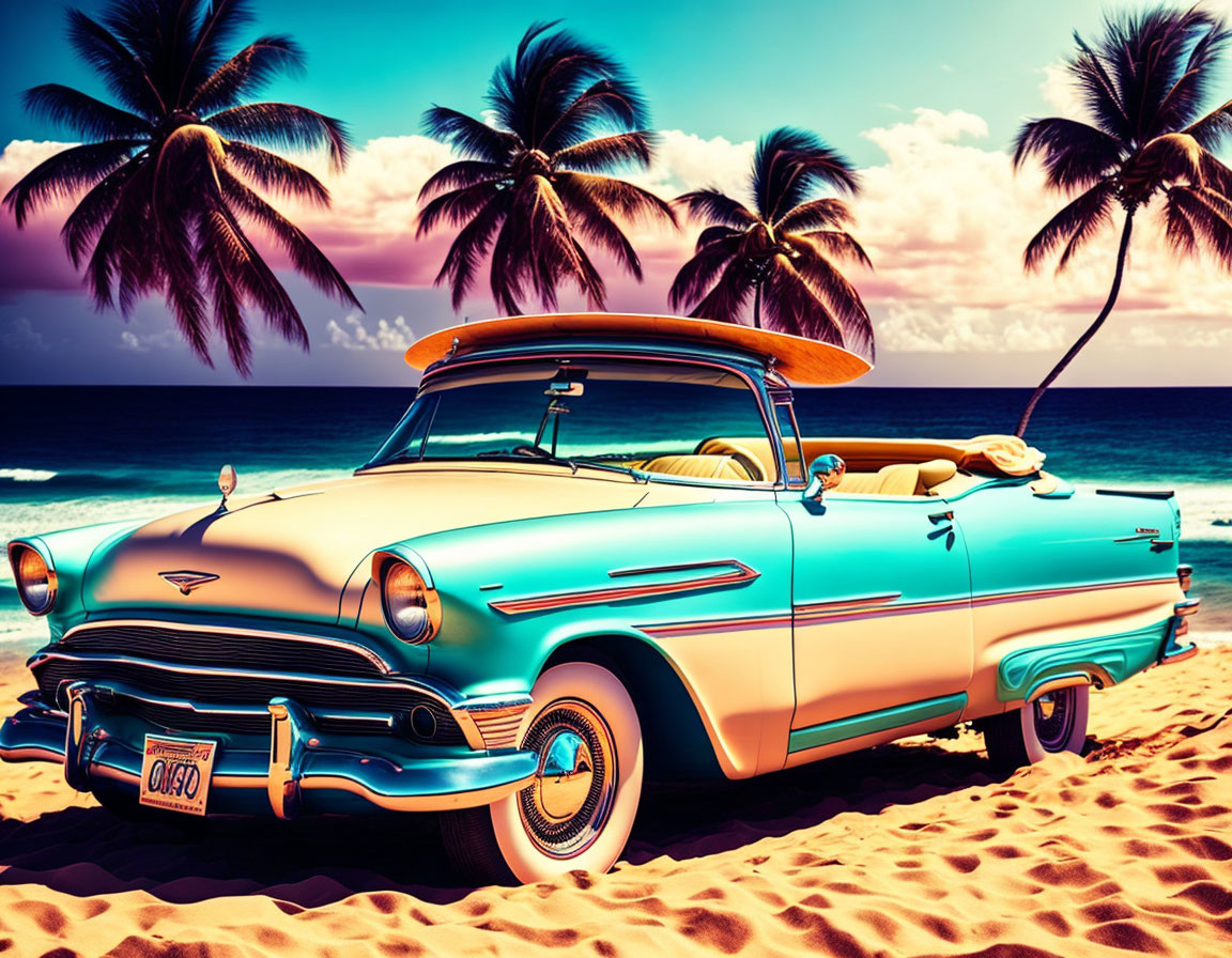 Classic Teal Convertible on Beach with Palm Trees & Ocean Waves