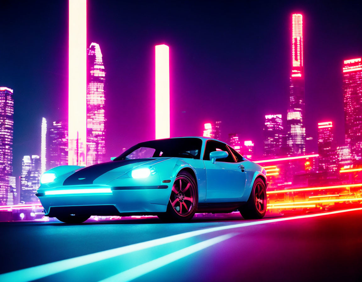 Neon-lit cityscape with blue sports car at night