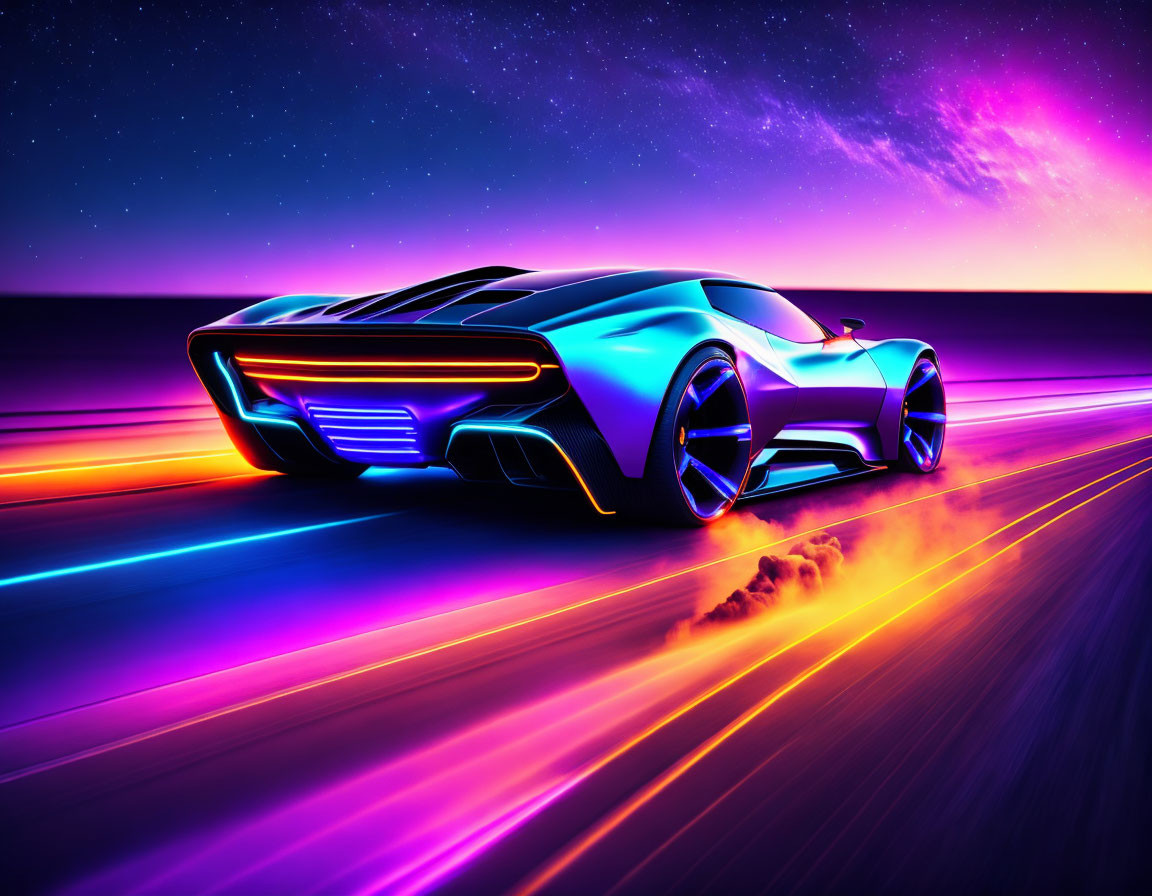 Futuristic car with neon lights on road at sunset