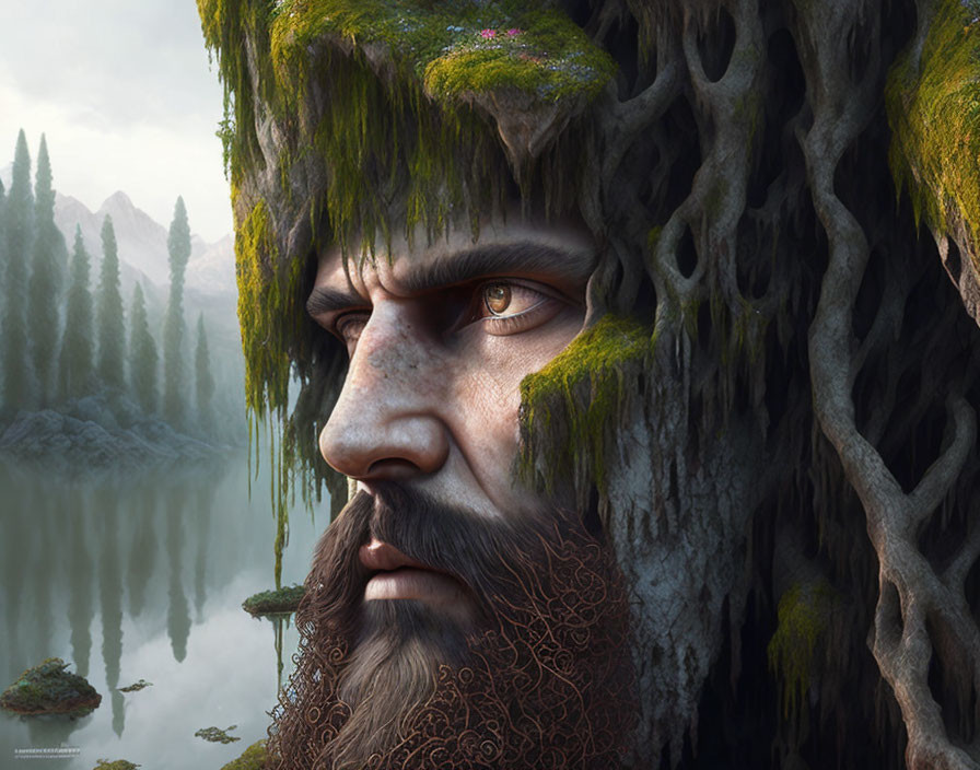 Surreal man's face merges with mossy forest landscape