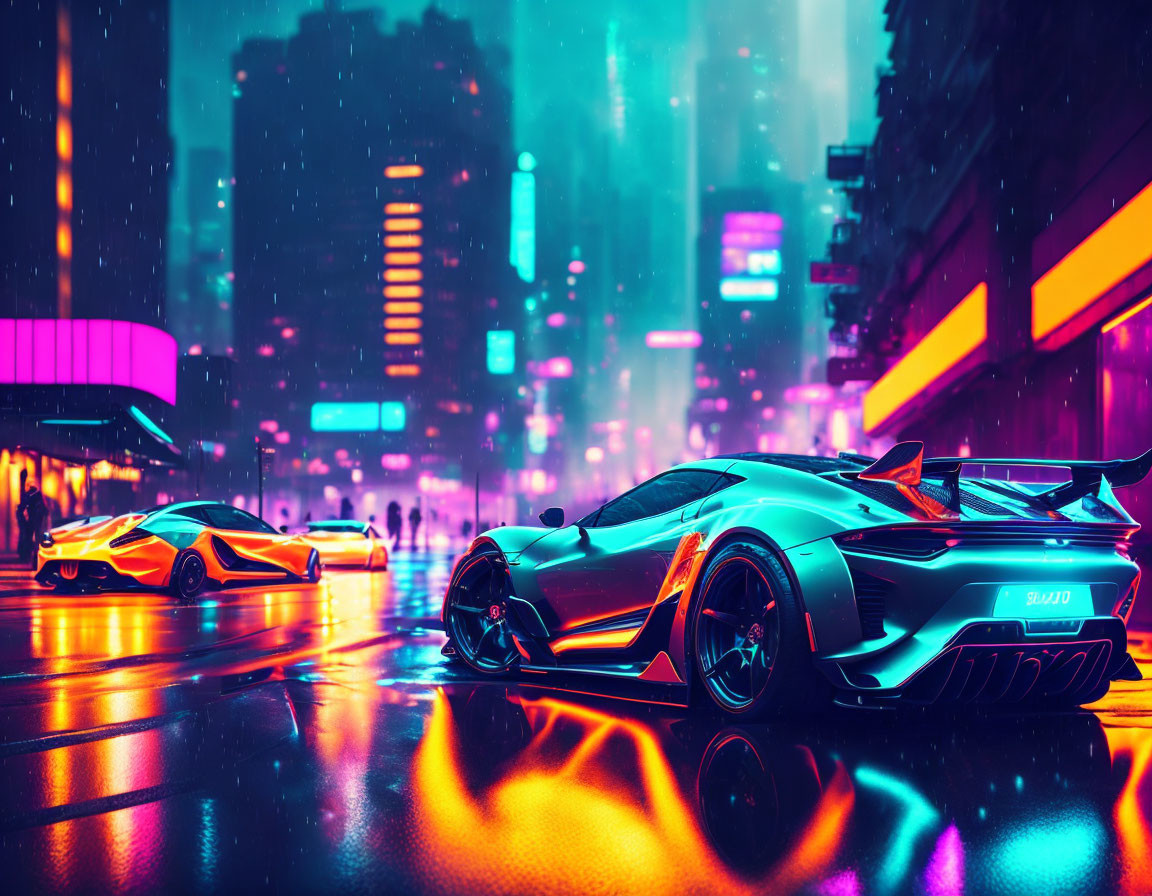 Futuristic sports cars on neon-lit rainy city street