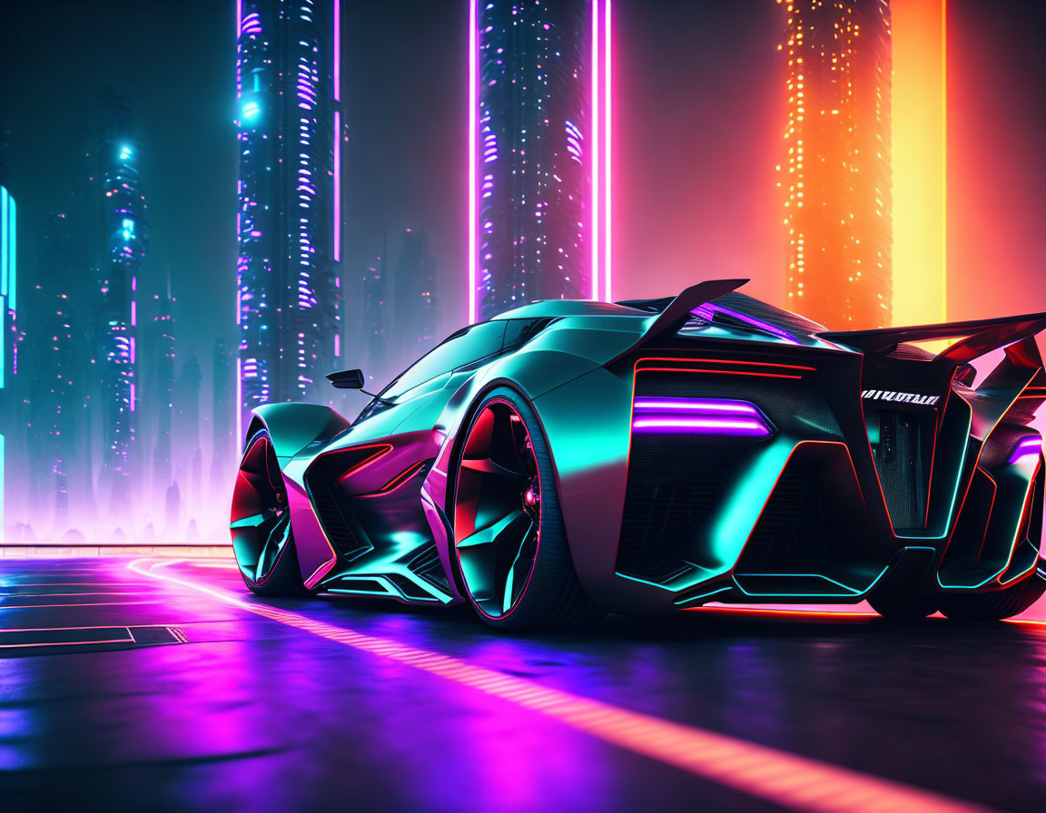 Futuristic sports car with neon accents in vibrant city street at night