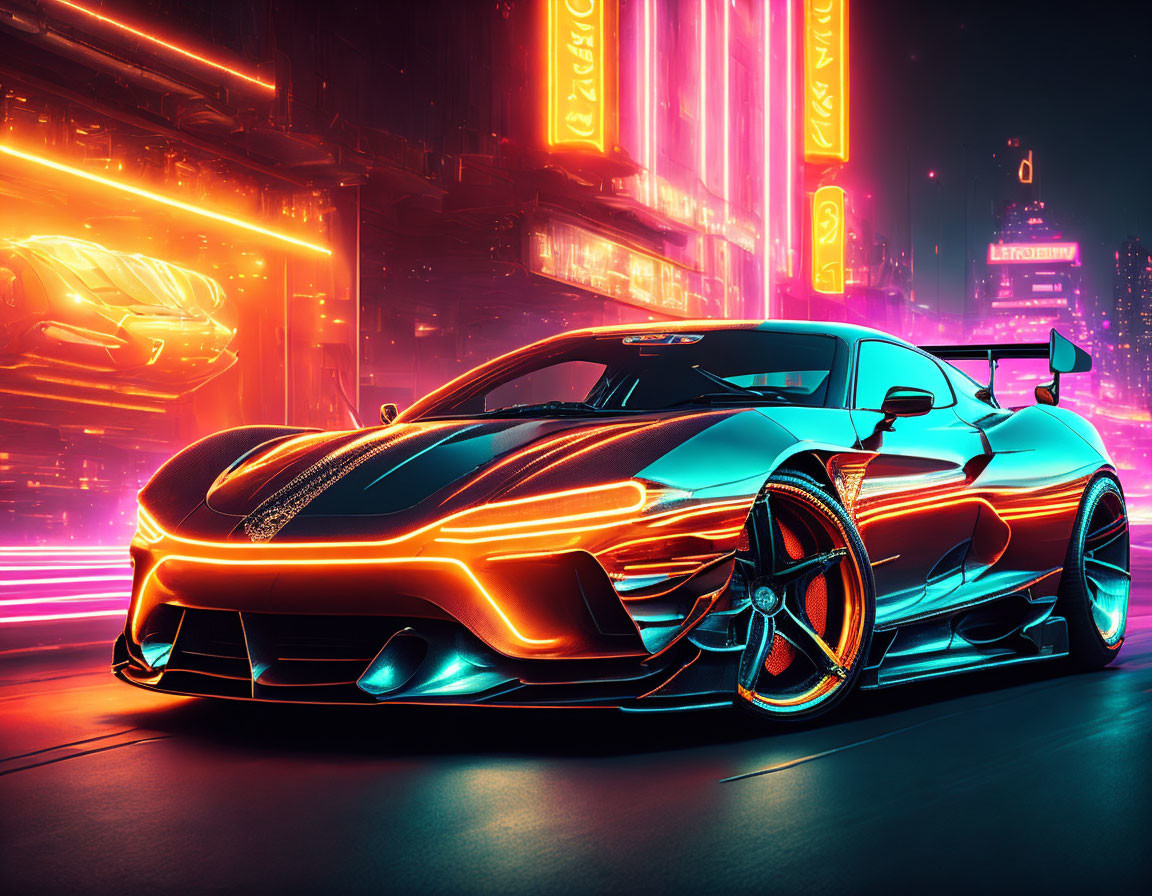 Sleek sports car with neon accents in futuristic city setting