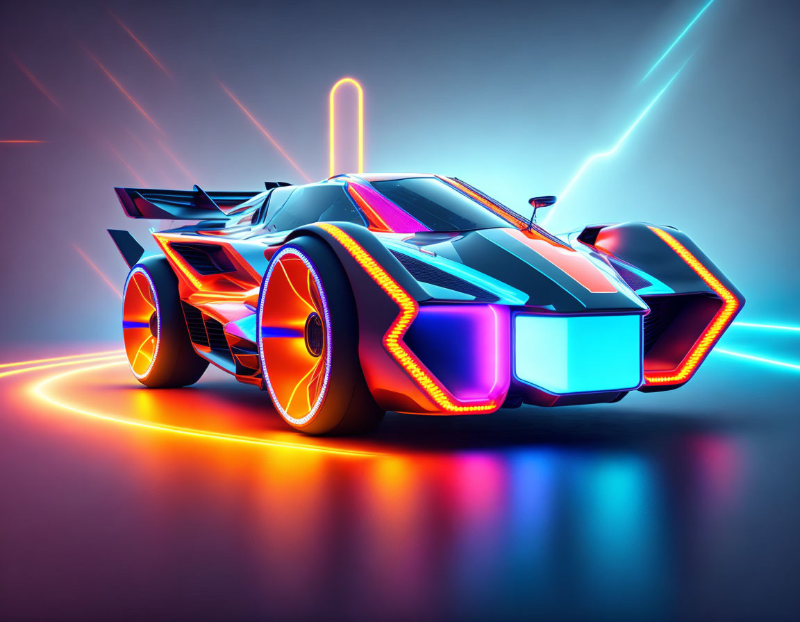 Futuristic race car with neon outlines and glowing wheels on dynamic background