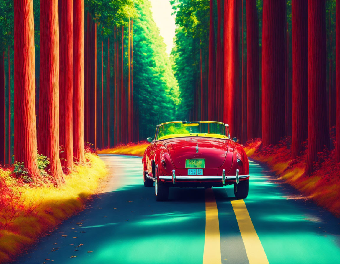 Classic Red Convertible Car Driving Through Red Forest with Sunlight