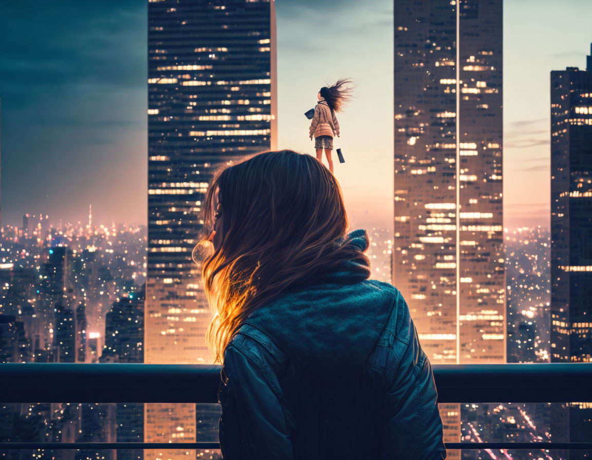 Cityscape at Dusk: Two Figures on Rooftop