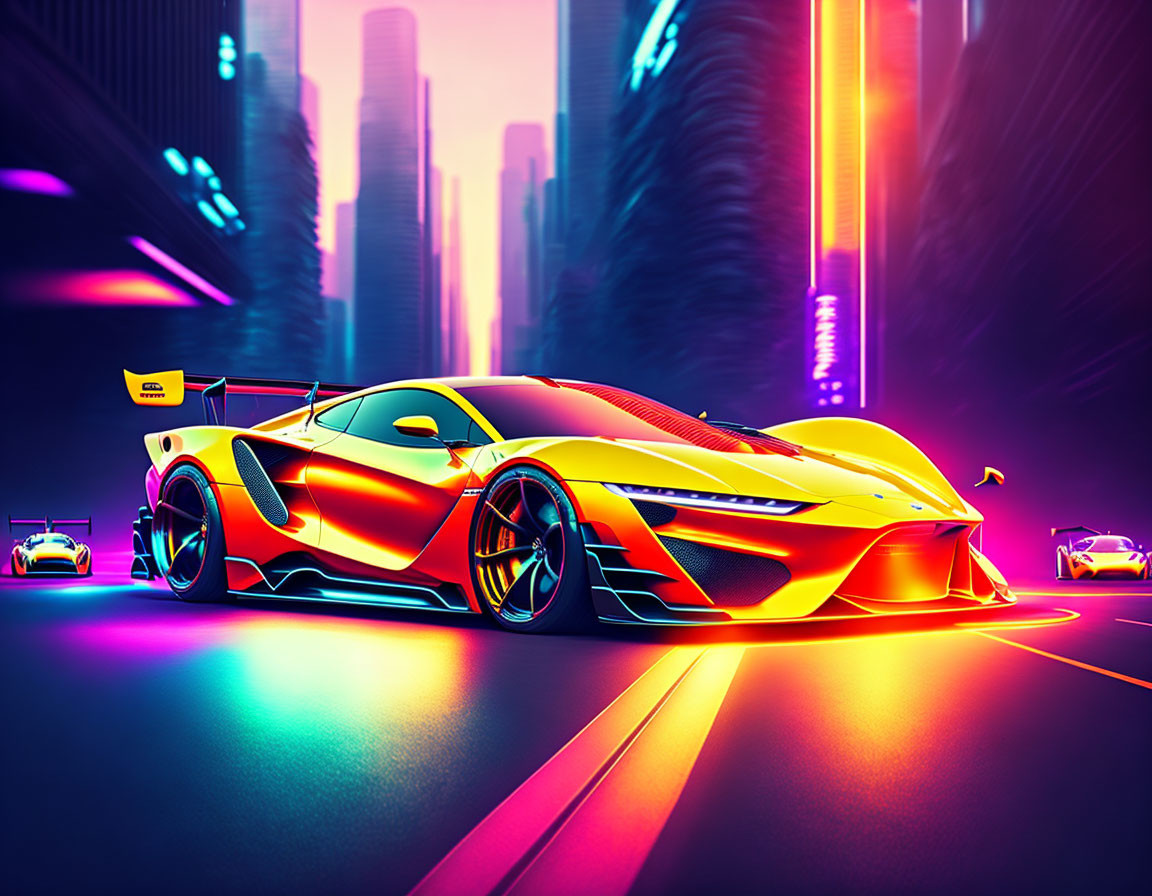 Futuristic neon-lit cityscape with racing sports cars at sunset