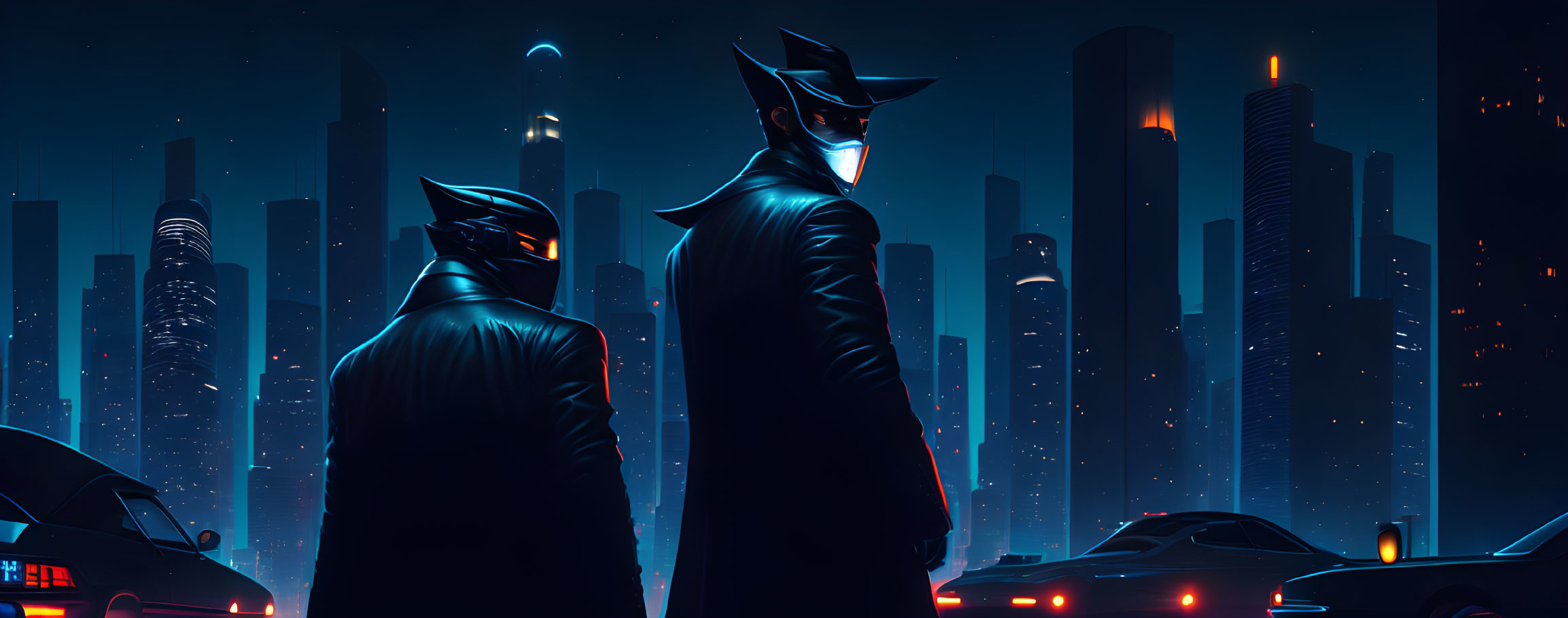 Mysterious Figures in Noir Attire in Futuristic City at Night