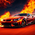 Red sports car racing with flames in the background