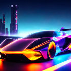 Futuristic car with neon highlights on city road at twilight