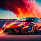 Red sports car with flames and smoke on blue sky background