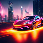 Red sports car speeds through neon-lit city street at night