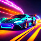 Neon-lit futuristic highway with racing sports car