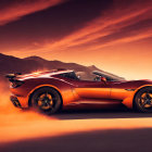 Dynamic orange sports car speeds through desert at sunset