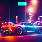 Vibrant sports car with neon lights driving through city streets at night