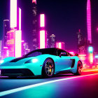 Neon-lit cityscape with blue sports car at night