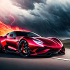 Red sports car racing under fiery sky with lightning