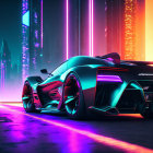 Futuristic sports car with neon accents in vibrant city street at night