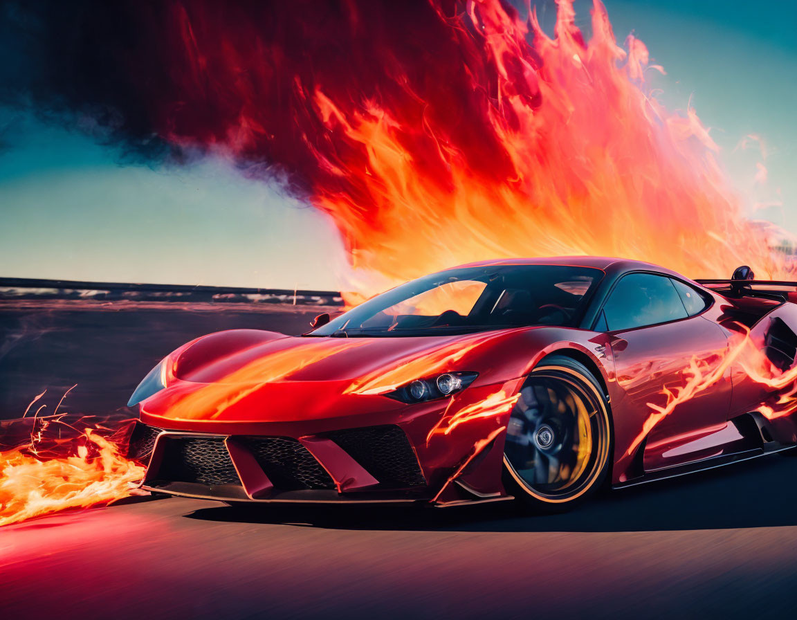 Red sports car with flames and smoke on blue sky background