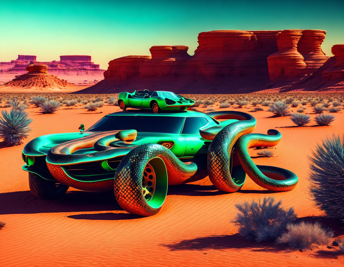 Futuristic green car with snake-like wheels in red desert landscape