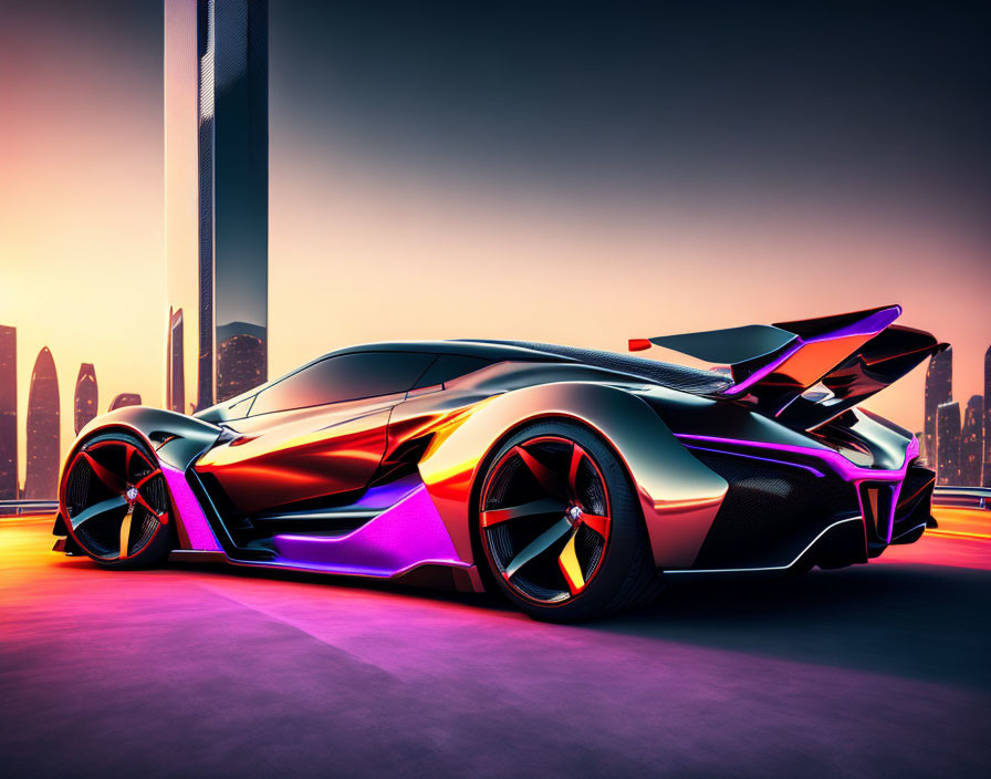 Sleek futuristic sports car with sharp angles and vibrant colors in city skyline setting