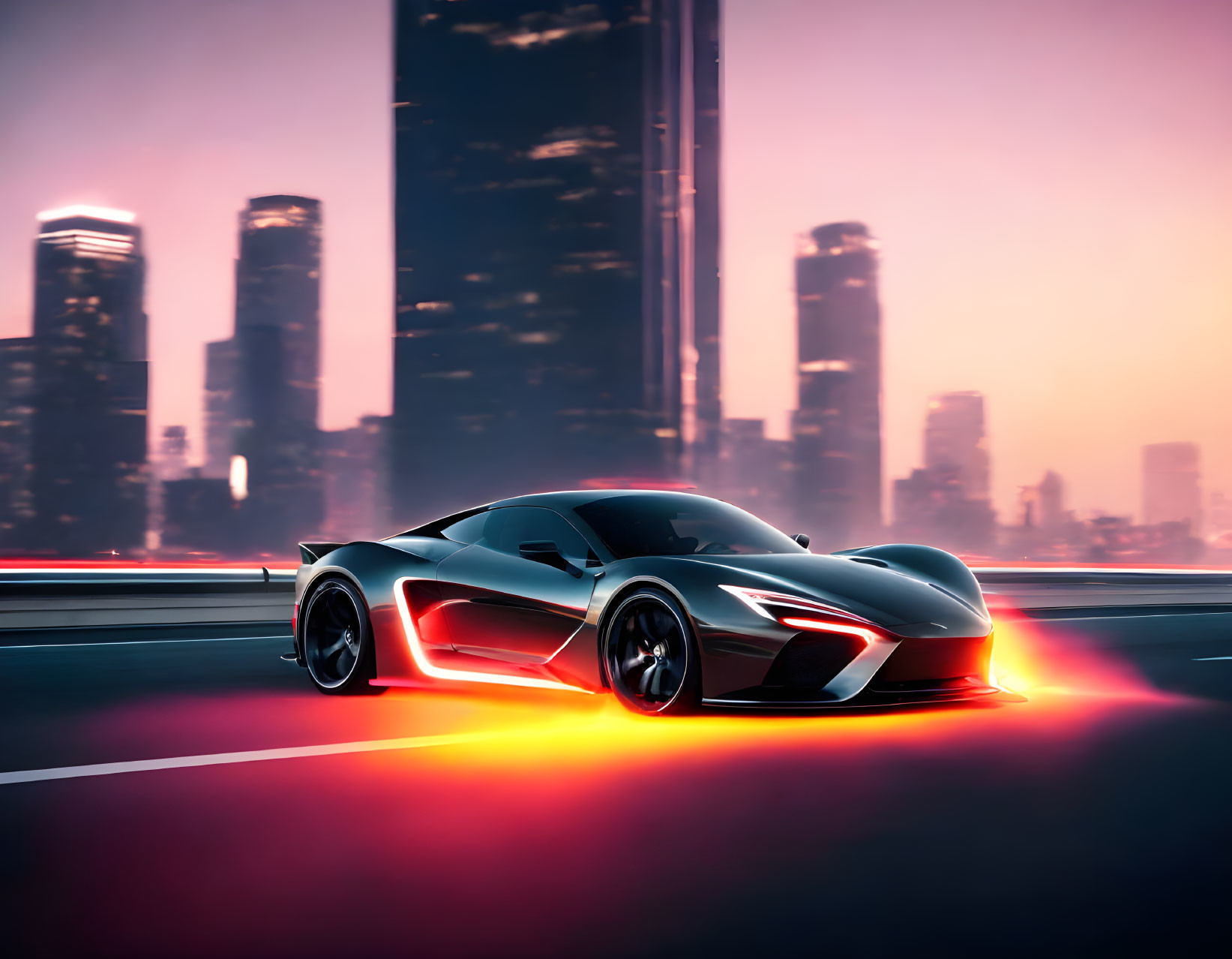 Sleek sports car with red underlights speeds on city highway at dusk