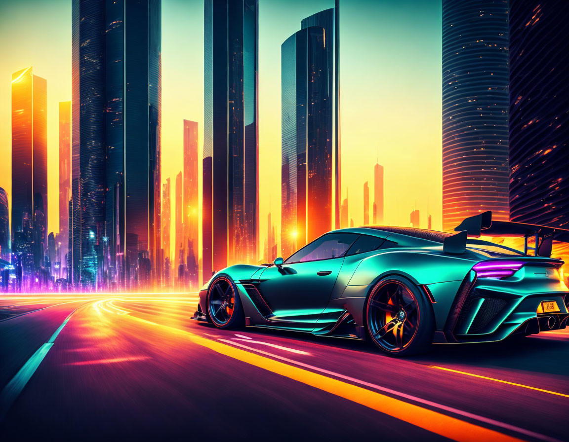 Neon-lit cityscape at sunset with sleek sports car